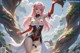 A woman with long pink hair stands confidently in a forest setting, wearing a revealing outfit.